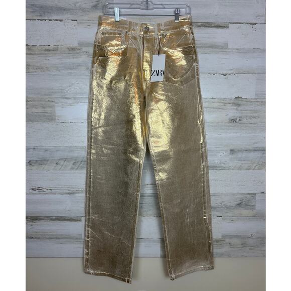 Zara women 6 gold the boy fit pants distressed boho new mid rise belt cotton - Picture 2 of 7
